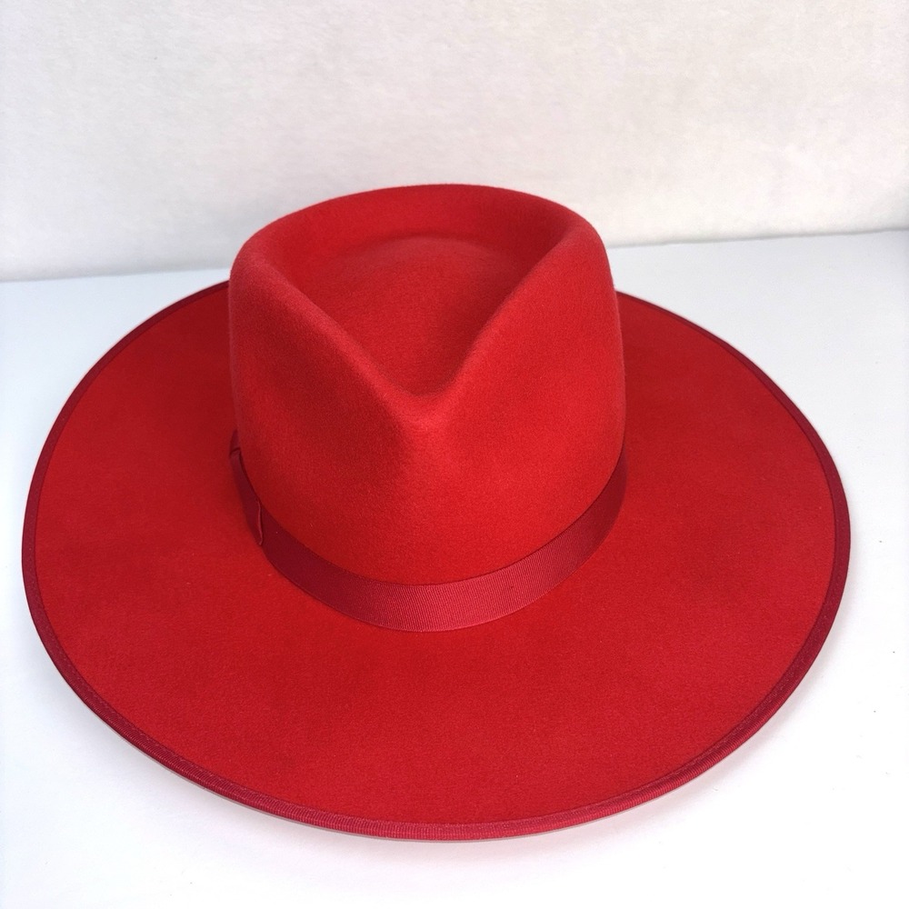 Lack of Color Red Wool Rancher Fedora Hat Large 59cm Wide Brim Ribbon Bow Boho